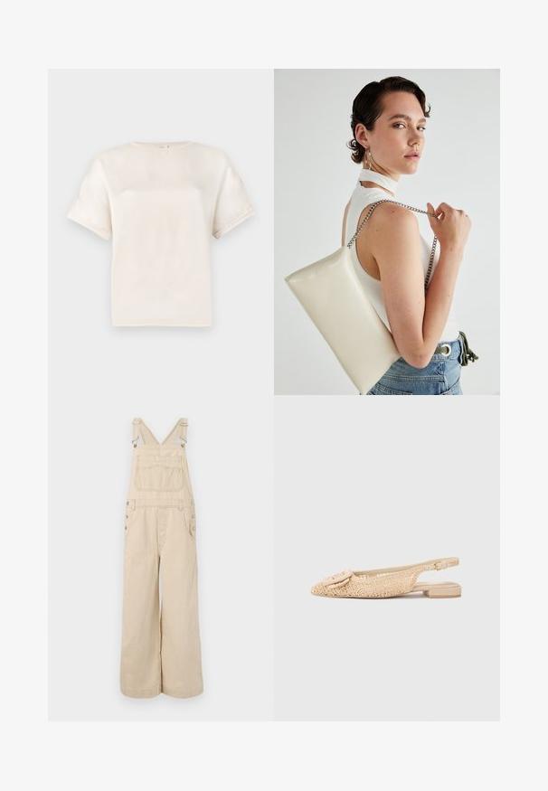 T-shirt à manches courtes col rond en blanc cassé, fabriqué en tissu lisse, présentant une coupe décontractée et des détails de coutures minimalistes sur les manches.; Salopette beige rayée à jambes larges, avec des bretelles réglables, des boutons en métal, des poches avant et une poche poitrine.; Ballerines en dentelle beige à dos nu avec un motif floral, bout rond et petit détail de boucle. Talon plat et côtés ouverts pour une meilleure respirabilité.; Pochette rectangulaire blanche en matériau brillant, avec une bandoulière en chaîne argentée. Le modèle pose en mettant en valeur le sac contre un fond uni.