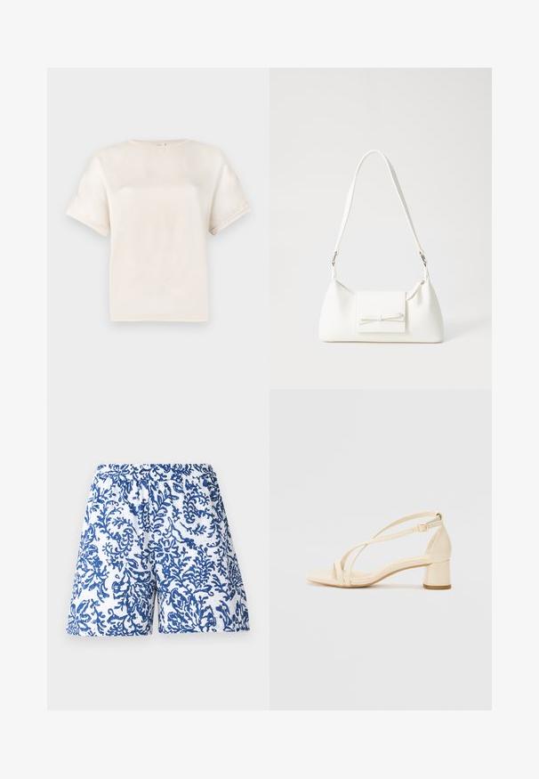 Majica kratkih rukava s okruglim izrezom u boji slonovače, izrađena od glatke tkanine, s opuštenim krojem i minimalnim detaljima šivanja na rukavima.; Šorts od bijelog materijala s plavim koraljnim uzorkom. Elastična gumica u struku, slobodan kroj i glatka tekstura.; Bež sandale na visoku petu s blok petom, remenčićem i podesivom naramenicom, izrađene od glatkog sintetičkog materijala s mat završnom obradom.; Bijela sintetička torbica s trokutastim oblikom, ravnim prednjim poklopcem i detaljem u obliku mašne, podesivom remenom, glatkom teksturom i minimalističkim dizajnom.