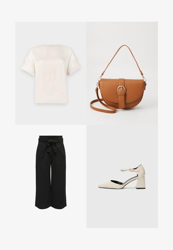 T-shirt z krótkim rękawem typu crewneck w kolorze off-white, wykonany z gładkiego materiału, o luźnym fasonie i minimalnych detalach szwów na rękawach.; Czarne spodnie o szerokich nogawkach wykonane z lekkiego materiału, z paskiem do zawiązania w talii i plisowanym wykończeniem z przodu dla strukturalnego dopasowania.; Beżowe buty na słupku z faux skórki, z ostrym noskiem, paskiem na kostce oraz subtelnym detalem w formie tekstury krokodyla. Czarne wykończenie wewnętrzne.; Brązowa skórzana torba na ramię o zaokrąglonym kształcie, ze złotymi akcentami i zapięciem w formie klamry. Posiada odpinany pasek na ramię.