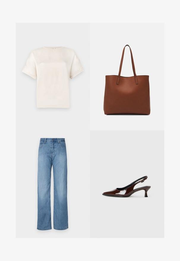 Rövid ujjú, crew neck póló törtfehér színben, sima anyagból készült, laza szabású, minimális varrási részletekkel az ujjakon.; Világoskék farmer széles lábú nadrág klasszikus öt zsebes kialakítással, gombos záródással és diszkrét varrási részletekkel a varráson.; Barna lakkbőr slingback cipő hegyes orral és mérsékelt sarkal. Biztonságos illeszkedést biztosító csattal rendelkezik. Sima textúra.; Barna bőr vászontáska sima textúrával, nyitott tetejű dizájnnal és két vállpánttal. Minimális varrással és látható hardver nélkül készült.