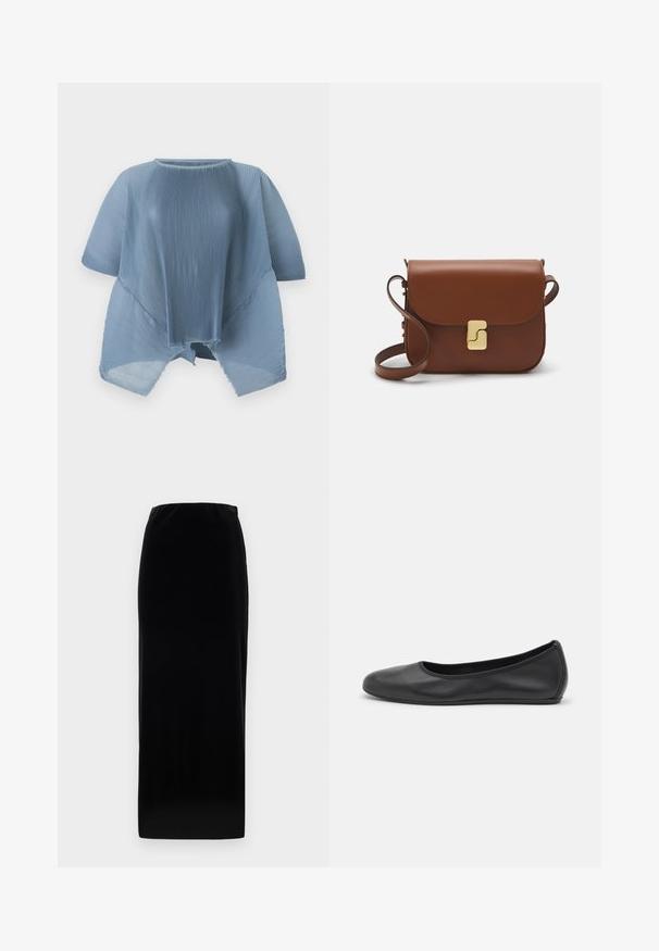 Light blue pleated top with a round neck, short sleeves, and a raw hem. Made of lightweight fabric, featuring a loose, flowing design.; Black velvet maxi skirt with a straight silhouette, elastic waistband, smooth texture, and no visible patterns or hardware details.; Black leather ballet flat with a rounded toe, smooth texture, minimal stitching detail, and a flexible sole design.; Brown leather handbag with a flap closure, gold-tone hardware, a shoulder strap, and a smooth texture. Compact rectangular shape.