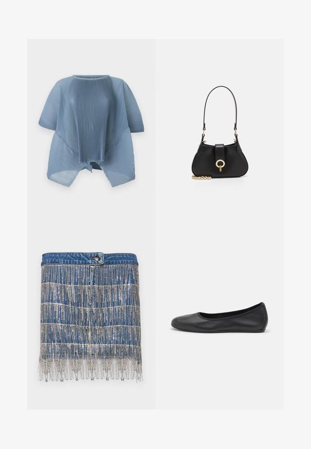 Svetle modrý plisovaný top s kulatým výstřihem, krátkými rukávy a neupraveným lemem. Vyroben z lehkého materiálu, s volným, splývavým střihem.; Džínová minisukně se stříbrnými lesklými aplikacemi, s horizontálními pruhy, zapínáním na knoflík a třásňovým lemem.; Černé kožené baletní byty s kulatou špičkou, hladkou texturou, minimálními švy a flexibilním designem podrážky.; sandro JANET - Kabelka - noir