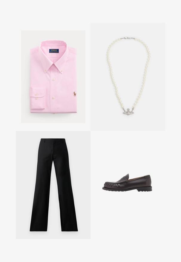 Camicia button-up rosa chiaro in cotone, con colletto classico, maniche lunghe e un piccolo logo di un cavallo ricamato sul petto.; Pantaloni neri a gamba larga realizzati in un tessuto liscio. Presentano una vita media e pieghe frontali, offrendo una silhouette sartoriale.; Mocassini in pelle marrone con punta arrotondata, dettagli cuciti e suola in gomma bassa. Finitura liscia con una leggera lucentezza.; Collana di perle con chiusura in tono argento. Caratterizzata da perle bianche rotonde e un centro decorativo impreziosito da strass.