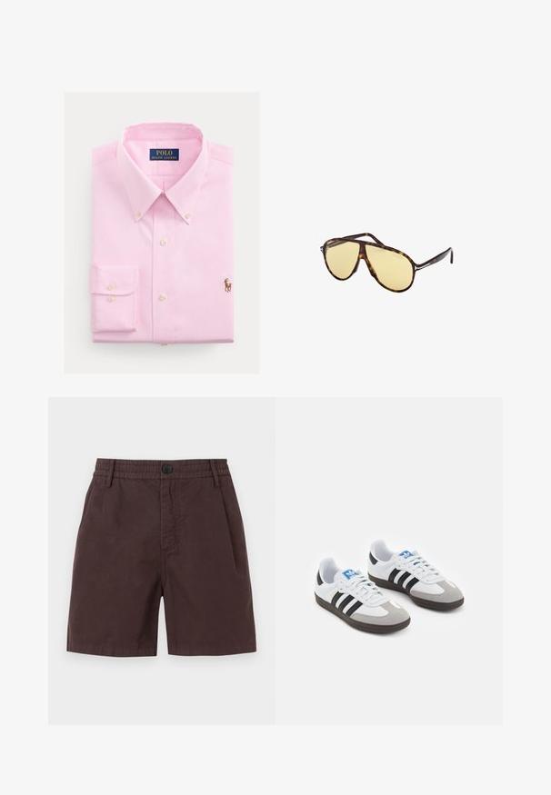 Jasnoróżowa koszula zapinana na guziki wykonana z bawełny, z klasycznym kołnierzykiem, długimi rękawami i małym haftowanym logo konia na piersi.; Brązowe bawełniane szorty z elastycznym paskiem w talii i pojedynczym zapięciem na guzik. Posiadają boczne kieszenie i gładką teksturę.; Buty sportowe z białą skórzaną cholewką, szarym zamszowym noskiem i trzema czarnymi paskami. Posiadają niebieskie logo na języku oraz teksturowaną gumową podeszwę.; Okulary przeciwsłoneczne w skorupkę żółtych soczewek. Kształt awiatora z podwójnym mostkiem i metalowymi akcentami. Gładka powierzchnia i elegancki design.; Naszyjnik perłowy z zapięciem w kolorze srebra. Składa się z okrągłych białych pereł oraz dekoracyjnego centrum ozdobionego kryształkami.