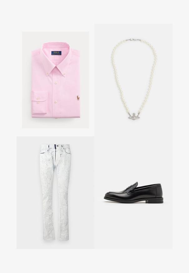 Light pink button-up shirt made from cotton, featuring a classic collar, long sleeves, and a small embroidered horse logo on the chest.; Light blue jeans with a cracked texture, five-pocket design, button closure, and slight flare at the hem. Distressed detailing throughout.; Black leather loafers with a smooth texture, rounded toe, and a decorative strap across the vamp. Low stacked heel, minimalist design.; Pearl necklace with a silver-tone clasp. Features round white pearls and a decorative, rhinestone-studded centerpiece.