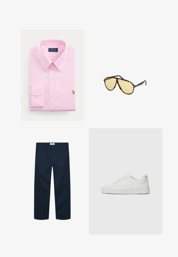 Lichtroze button-up shirt van katoen, met een klassieke kraag, lange mouwen en een klein geborduurd paardenlogo op de borst.; Marineblauwe katoenen chinos met een rechte snit, voorzien van een sluiting met een knop aan de voorkant, twee zijzakken en een minimalistisch ontwerp.; Witte leren sneaker met een gladde afwerking, ronde neus, platte veters en een gestructureerde zool. Kenmerkt zich door een subtiel logo op de hiel.; Schildpad zonnebril met gele lenzen. Pilootvorm met dubbele brug en metalen accenten. Glad oppervlak en slank ontwerp.