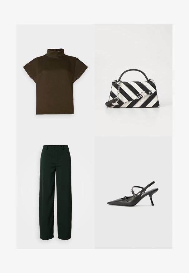 Brown turtleneck top with short, wide sleeves. Made from smooth fabric with a relaxed fit. Features a back closure for easy wear.; DRYKORN DESK - Trousers - green; Black leather slingback heels with a pointed toe, slender heel, and decorative buckle detail on the vamp. Smooth texture and sleek design.; Black and white striped handbag with a structured shape, featuring a top handle, a detachable chain strap, and metallic logo accent.
