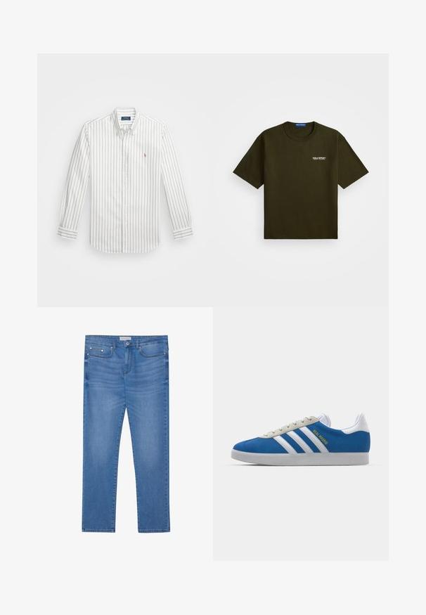 Balts krekls ar gaiši zili vertikāliem svītrām, garām piedurknēm, aizpogājamu apkakli un mazu izšūtu logo kreisajā krūtī.; Tumši olīvzaļas īsām piedurknēm T-krekls ar apaļu kaklu un mazu balto "Polo Sport Ralph Lauren" logo kreisajā krūtī.; Gaiši zila denima bikses ar taisnu kāju griezumu, piecu kabatu dizainu, nelielu izbalēšanu un metāla aksesuāriem jostasvietā un kabatās.; adidas Originals ADIDAS GAZELLE SHOES - Futbola apavi iekštelpām - real madrid/bluebird/footwear white/crew yellow