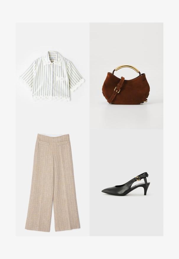 sandro CHEMISE - Button-down blouse - ecru; Beige wide-leg trousers in textured fabric with subtle check pattern; features two back pockets and a smooth waistband.; Black leather slingback pump with a pointed toe, small heel, and a buckle detail on the ankle strap. Smooth texture, minimalist design.; Brown suede handbag with a curved gold-tone handle, adjustable strap, and soft texture. Features minimalistic design and no visible hardware.