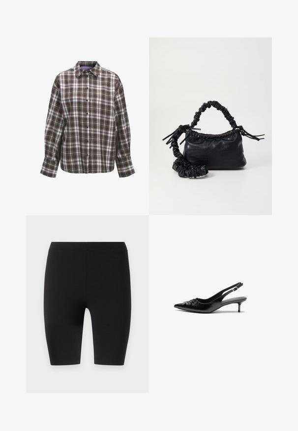 Brūns un balts kvadrātipa krekls ar apkakli, garām piedurknēm un pogu aizdari. Iezīmēts ar pārbaudītu rakstu, kuram ir dažādas svītru platumi un tekstūra.; Melnas ceļgala garuma legingi, izgatavoti no elastīga auduma. Iespējojama gluda tekstūra un plata elastīga jostasvieta komfortam un pielāgošanai.; Melni ādas sandales ar norādītu pirkstu, mazu kaķa papēdi un dekoratīvu mezglu detaļu priekšā. Gluda tekstūra visā virsmā.; Melnā mākslīgās ādas rokassoma ar krokodila rakstu, savilkta augšdaļa un saburzīta siksna. Izskatās mīksta un kompakta pēc dizaina.