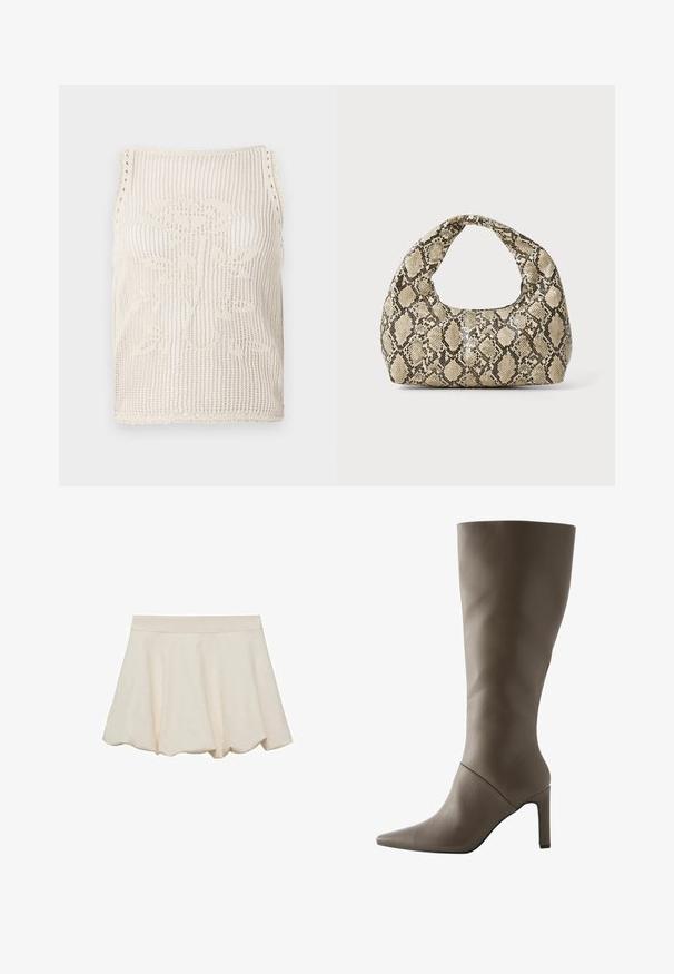 Pletený top v béžovej farbe s otvoreným vzorom. Obsahuje vlnité okraje, kvetinový vzor pletený do tkaniny a bezrukávový strih.; Krémová sukňa s jemnou, hladkou textúrou, rozšíreným strihom a vlnkovaným lemom. Obsahuje široký elastický pás pre pohodlie.; Hnedá kožená čižma po kolená s špicatou špičkou a ihlovým podpätkom, s hladkým povrchom a minimalistickým dizajnom.; Kabelka s hadím vzorom a zakriveným rukoväťou. Vyrobená z textúrovaných béžových a hnedých materiálov, s charakteristickým diamantovým vzorom.