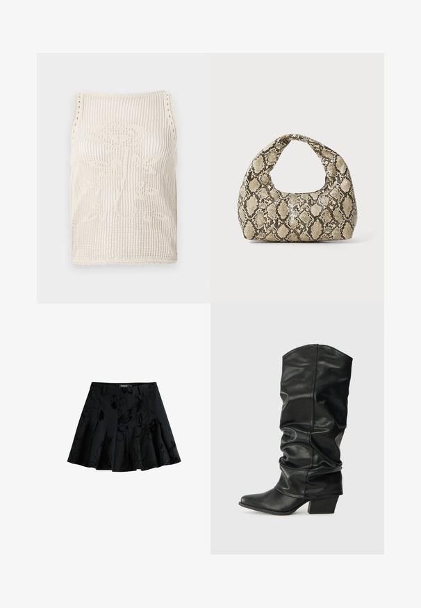 Stickad linne i beige med öppet vävdesign. Har en vågig kant, ett blommönster som är stickat i tyget och är ärmlös.; Svart plisserad kjol med blommönster, tillverkad av ett strukturerat tyg. Har en midjeband och en dold dragkedjestängning.; Svarta läderknähöga stövlar med en slapp design, spetsig tå och kraftig klack, med en mjuk yta och minimal sömnad.; Väskan i ormtryck har ett böjt handtag. Den är tillverkad av strukturerade, beige och bruna material och har ett distinkt diamantsmönster.