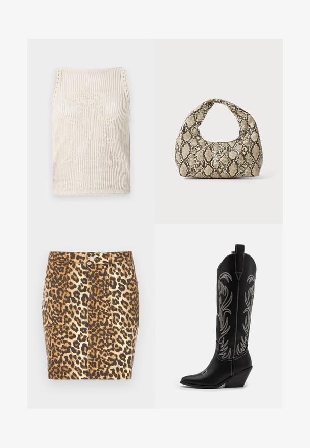 Pletena majica brez rokavov v bež barvi z odprto tkanino. Ima valovite robove, cvetlični vzorec, ki je pleten v tkanino, in brezrokavni kroj.; Jeans mini krilo z leopardjim vzorcem v rjavih in bež odtenkih, ki ima sprednje gumbno zapiranje in dva stranska žepa.; Črne usnjene kavbojske čevlje s koničastimi prsti, klinastimi petami in srebrnimi vezeninami cvetnega vzorca po vsej dolžini. Kontrastno šivanje povsod.; Torba z vzorom kače s ukrivljenim ročajem. Narejena iz teksturiranih, bež in rjavih materialov, ki imajo značilen diamante vzorec.