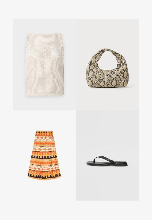 Beżowy top na ramiączkach wykonany na drutach z otwartą strukturą. Posiada falbaniaste wykończenia, kwiatowy wzór wpleciony w tkaninę i bezrękawowy krój.; Pomarańczowa bawełniana spódnica z poziomymi paskami w różnych odcieniach, z czarnymi i białymi akcentami oraz plisowanym fasonem. Elastyczny pas.; Czarne klapki wykonane z gładkiej skóry, z cienkim paskiem i płaską podeszwą o minimalistycznym profilu. Brak widocznych wzorów lub akcentów.; Torebka w wężowy wzór z zakrzywionym uchwytem. Wykonana z teksturowanych, beżowych i brązowych materiałów, z charakterystycznym wzorem w diamenty.