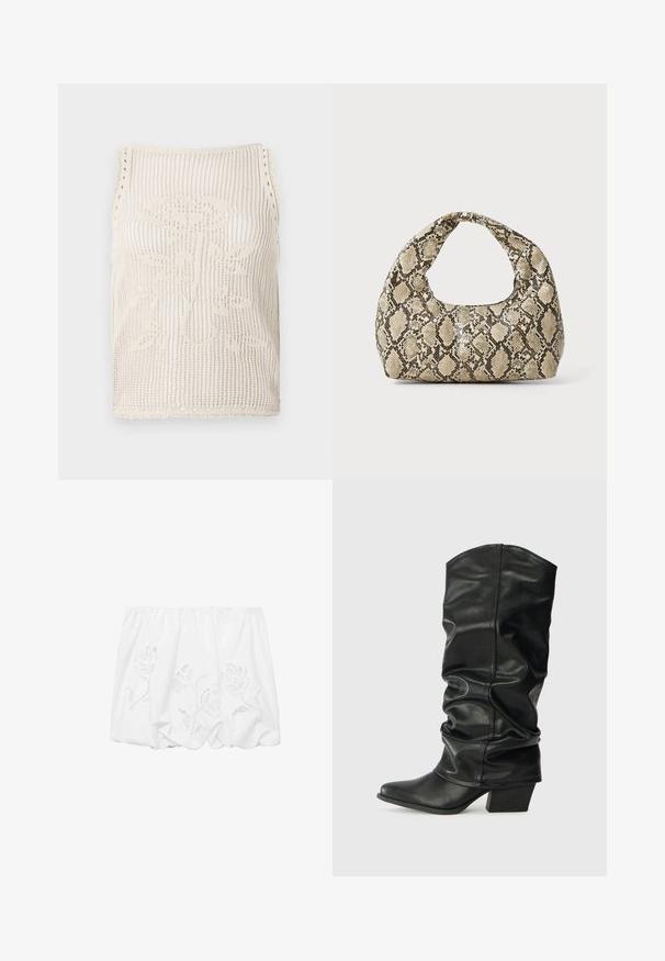 Beige Strick-Tanktops mit offenem Maschenbild. Verfügt über gewellte Kanten, ein in den Stoff eingestricktes Blumendesign und ärmellosen Schnitt.; Weißes, schulterfreies Oberteil aus leichtem Stoff mit floraler Stickerei und gerafftem Design entlang des elastischen Halsausschnitts.; Schwarze Lederstiefel bis zum Knie mit einem rüschigen Design, spitzem Zehenbereich und breitem Absatz, mit glatter Texture und minimaler Naht.; Schlangenmuster-Tasche mit einem gebogenen Griff. Hergestellt aus strukturierten, beige- und braunfarbenen Materialien, die ein markantes Diamantmuster aufweisen.