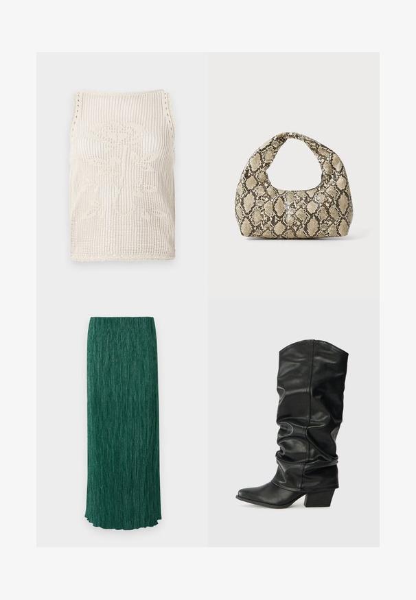 Pletený top v béžovej farbe s otvoreným vzorom. Obsahuje vlnité okraje, kvetinový vzor pletený do tkaniny a bezrukávový strih.; Dlhá zelená sukňa s textúrovaným povrchom, ktorý má vertikálne sklady a jemný lesk. Má rovný strih a okraj s oblúčikmi.; Čierne kožené čižmy po kolená so sklopeným dizajnom, špicatou špičkou a masívnym opätkom, s hladkým povrchom a minimálnym šitím.; Kabelka s hadím vzorom a zakriveným rukoväťou. Vyrobená z textúrovaných béžových a hnedých materiálov, s charakteristickým diamantovým vzorom.