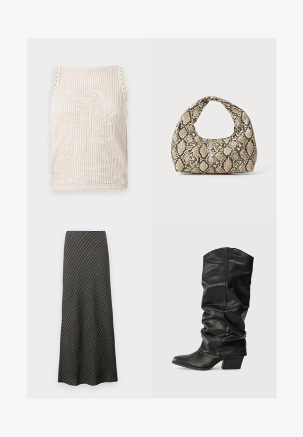 Top de punto en color beige con diseño de tejido abierto. Presenta bordes en forma de concha, un patrón floral tejido en la tela y es sin mangas.; Falda midi negra con rayas blancas diagonales, hecha de una tela suave. Presenta un diseño acampanado y una silueta en A.; Botas de cuero negro hasta la rodilla con un diseño arrugado, punta afilada y un tacón grueso, con una textura suave y una costura mínima.; Bolso de mano con estampado de serpiente y asa curvada. Hecho de materiales texturizados en tonos beige y marrón, con un patrónen diamante distintivo.