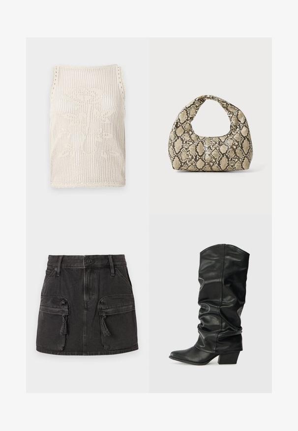 Strikket tanktopp i beige med åpen vevdesign. Har scalloped kanter, et blomstermønster strikket inn i stoffet, og er uten ermer.; Sort denim med en tettsittende midje, to frontlommer og falmet tekstur. Har knapplukking og belteinnfellinger.; Sorte skinnhøye støvler med slouch-design, spiss tå og chunky hæl, med glatt tekstur og minimalt med sømmer.; Veske med slangeskinnmønster og krummet håndtak. Laget av teksturerte, beige og brune materialer, med et særegent diamantmønster.