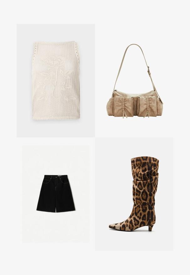 Débardeur en tricot beige avec un design à mailles ouvertes. Présente des bords festonnés, un motif floral tricoté dans le tissu, et une coupe sans manches.; Shorts en denim noir à coupe ample, dotés de cinq poches, d'un accent de coutures jaunes et d'une taille mi-haute.; Bottine imprimé léopard avec un orteil pointu, une silhouette drapée et un petit talon. Fabriquée en tissu texturé dans des tons de marron et noir.; Sac à main en suède beige avec une forme arrondie, comprenant trois poches plissées à l'avant et une seule bandoulière réglable.