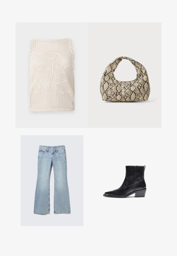 Top de tricot bej cu un design cu țesătură deschisă. Are margini ondulate, un model floral țesut în țesătură și un croi fără mâneci.; Weekday NOVA - Blugi slim fit - lip blue; Botină din piele neagră, cu vârf ascuțit și toc mic pătrat. Are un fermoar pe lateral și detalii de cusătură minime pentru un design elegant.; Geantă cu imprimeu de șarpe, având un mâner curbat. Fabricată din materiale texturate, bej și maronii, cu un model distinctiv în formă de diamant.