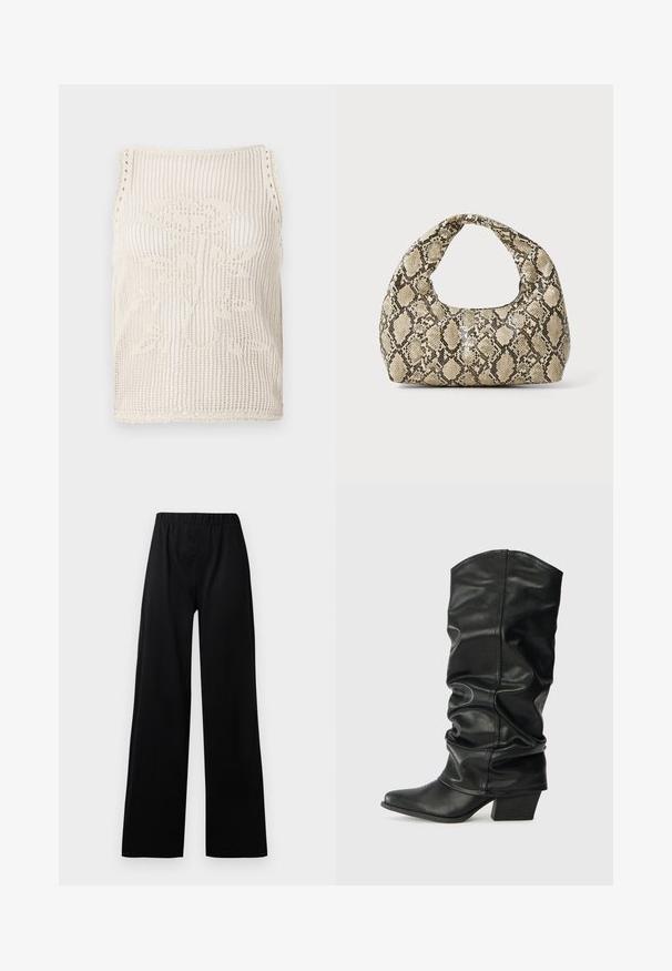 Pleteni top na bazi bež boje s otvorenim tkanjem. Ima obodne rubove s valovitim uzorkom, cvjetni uzorak pleten u tkaninu i bez rukava.; Crne hlače širokih nogavica s elastičnim strukom; izrađene od teksturiranog materijala, s minimalističkim dizajnom i ravnim nogavicama.; Crne kožne čizme do koljena s opuštenim dizajnom, šiljastim vrhom i debelim potplatom, s glatkom teksturom i minimalnim šavovima.; Torba s uzorkom zmije s zakrivljenom drškom. Izrađena od teksturiranih materijala u bež i smešnim tonovima, sa karakterističnim dijamantnim uzorkom.