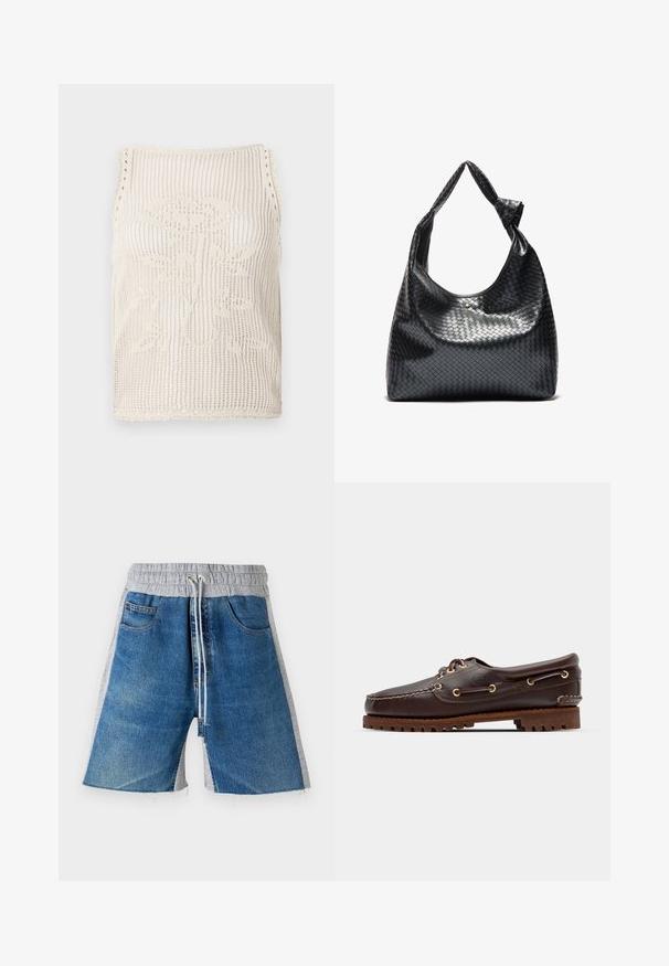 Beige adīts bezpiedurkņu krekls ar atvērtu austījumu. Ir viļņotas malas, ziedu raksts adīts audumā un bez piedurknēm.; Denim šorti ar pelēku elastīgu jostu, kas aprīkoti ar auklu. Dizains ietver sānu kabatas un krāsu bloku izskatu.; Brūni ādas laivu zābaki ar zeltītām acīm, apaļām šņorēm un rakstainu brūnu gumijas zoli. Iekļauj izšūtas detaļas un paaugstinātu logo.; Melnas austo ādas rokassoma ar vaļīgu dizainu, kurai ir mezglots siksna un neliels dekoratīvs zelta uzstuds augšdaļā.