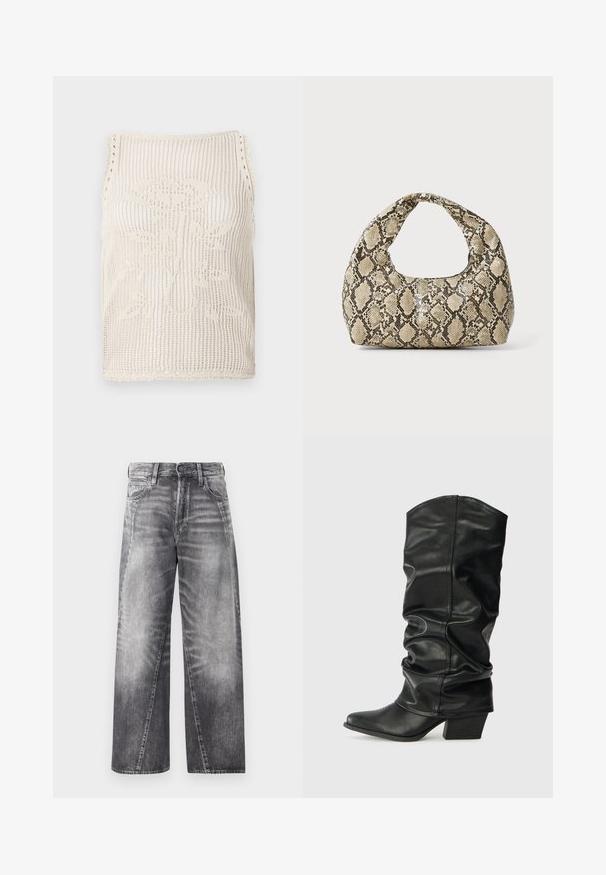 Beige adīts bezpiedurkņu krekls ar atvērtu austījumu. Ir viļņotas malas, ziedu raksts adīts audumā un bez piedurknēm.; Plati kāju džinsi izbalinātā pelēkā denima. Iekļauj klasisku pogu un rāvējslēdzēju aizdari, piecas kabatas un vieglas izbalināšanas detaļas.; Melnas ādas ceļgala augstās zābaki ar izstieptu dizainu, smailu purngalu un masīlu papēdi, ar gludu faktūru un minimālām šuvēm.; Čūsku raksta soma ar izliekto rokturi. Izgatavota no teksturētiem, bēšiem un brūniem materiāliem, ar izteiksmīgu dimanta rakstu.