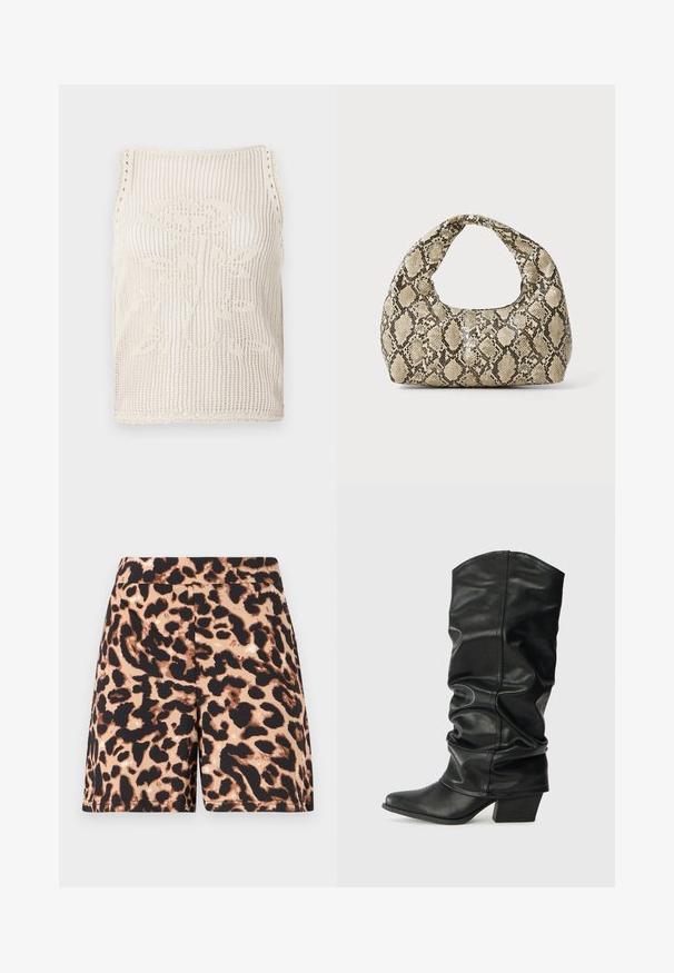Pletený top bez rukávů v béžové barvě s otevřeným vzorem. Má vlnité okraje, květinový vzor pletený do tkaniny a střih bez rukávů.; Kraťasy s leopardím potiskem v hnědé a černé barvě s hladkým povrchem a elastickým pasem. Délka do poloviny stehna, s neprerušovaným vzorem.; Černé kožené vysoké boty po kolena se sklopeným designem, špičatou špičkou a masivním podpatkem, s hladkým povrchem a minimálním šitím.; Kabelka s hadím vzorem a zakřiveným držadlem. Vyrobena z texturovaných béžových a hnědých materiálů, s charakteristickým diamantovým vzorem.