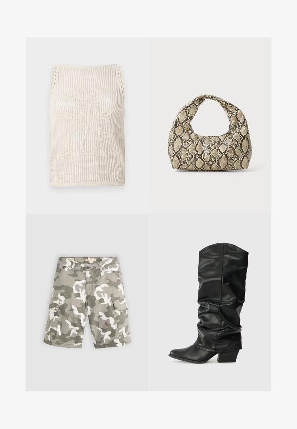 Beige Strick-Tanktops mit offenem Maschenbild. Verfügt über gewellte Kanten, ein in den Stoff eingestricktes Blumendesign und ärmellosen Schnitt.; Levi's® BAGGY DAD CARGO SHORT - Jeans Shorts - bader camo agate gray; Schwarze Lederstiefel bis zum Knie mit einem rüschigen Design, spitzem Zehenbereich und breitem Absatz, mit glatter Texture und minimaler Naht.; Schlangenmuster-Tasche mit einem gebogenen Griff. Hergestellt aus strukturierten, beige- und braunfarbenen Materialien, die ein markantes Diamantmuster aufweisen.