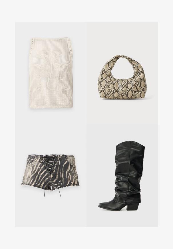 Canottiera in beige con design a tessitura aperta. Caratterizzata da bordi ondulati, un motivo floreale lavorato nel tessuto e senza maniche.; Shorts in denim con stampa zebra nera e beige, con chiusura a lacci, orlo sfrangiato e tasche su entrambi i lati.; Stivali neri in pelle, alti fino al ginocchio, con design morbido, punta affusolata e tacco spesso, caratterizzati da una texture liscia e cuciture minime.; Borsa a stampa rettile con manico curvo. Realizzata in materiali testurizzati beige e marroni, presenta un distintivo motivo a rombi.