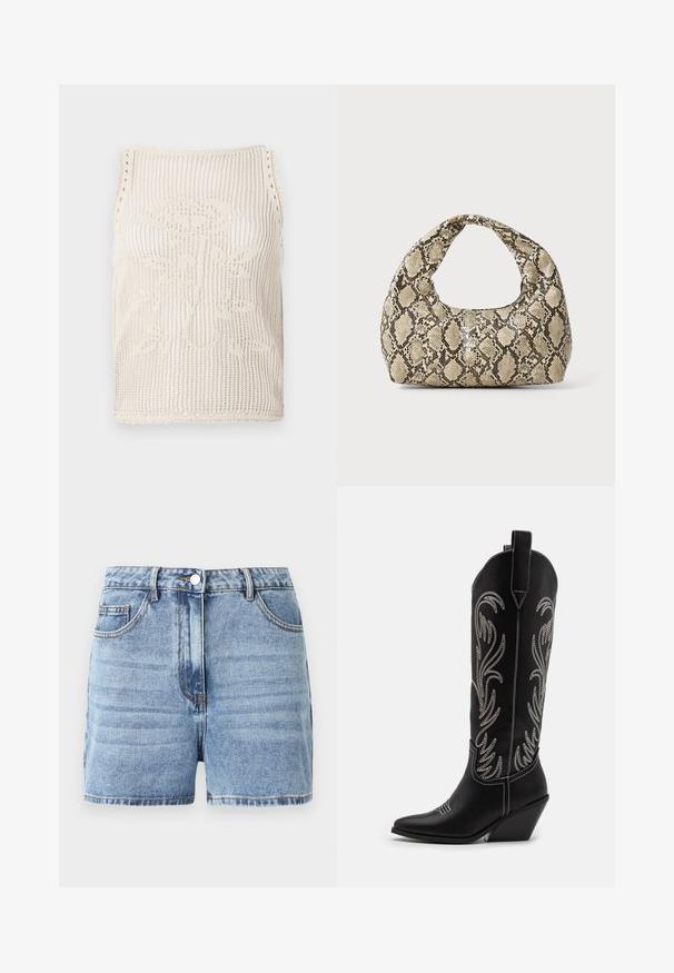 Virkattu toppi vaaleanbeigessä värissä, jossa on avoin kudontamalli. Ominaisuuksiin kuuluvat aaltoilevat reunat, kankaaseen neulottu kukkakehys ja olkaimeton leikattu muoto.; Vaaleansiniset farkkushortsit korkealla vyötäröllä, etupainonapilla ja yhdellä etutaskulla. Sisältää tikattuja saumoja ja klassisen leikkauksen.; Mustat nahkasaappaat cowboy-tyyliin, joissa on terävät varpaat, viistot korot ja hopeiset brodeeratut kukkakuviot varressa. Eroava ompelu koko saappaassa.; Käärmeennahkakuosiset käsilaukku, jossa on kaareva kahva. Tehty teksturoiduista beigeistä ja ruskeista materiaaleista, joissa on erottuva timanttikuvio.