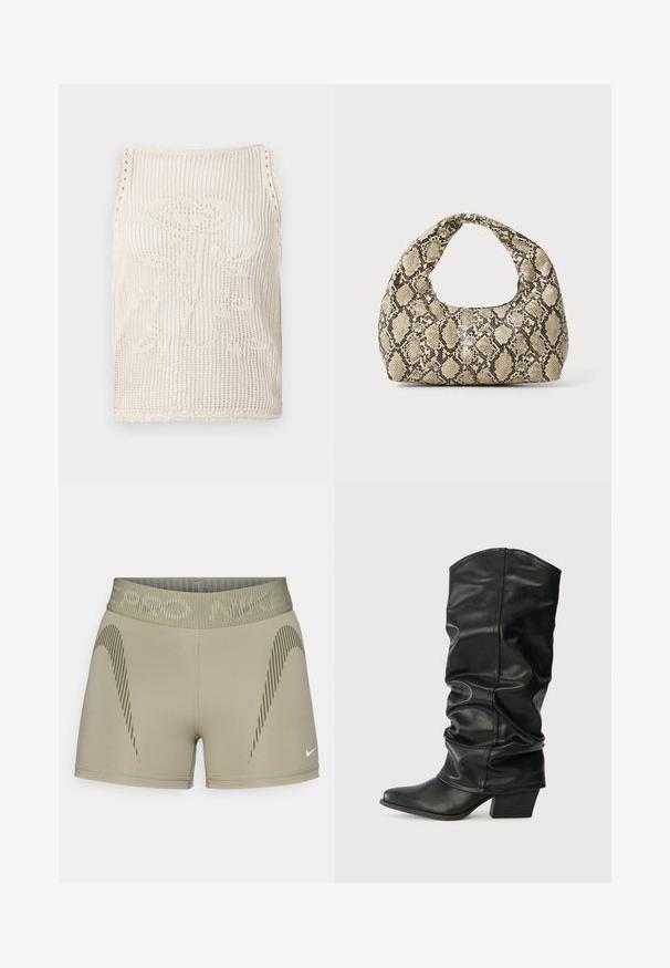 Beżowy top na ramiączkach wykonany na drutach z otwartą strukturą. Posiada falbaniaste wykończenia, kwiatowy wzór wpleciony w tkaninę i bezrękawowy krój.; Szorty Nike Pro w oliwkowym kolorze, wykonane z elastycznego materiału; posiadają teksturowany pas oraz diagonalne paski po bokach.; Czarne skórzane wysokie botki z luźnym krojem, szpiczastym noskiem i grubym obcasem, charakteryzujące się gładką fakturą i minimalnym przeszyciem.; Torebka w wężowy wzór z zakrzywionym uchwytem. Wykonana z teksturowanych, beżowych i brązowych materiałów, z charakterystycznym wzorem w diamenty.