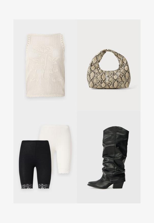 Beige adīts bezpiedurkņu krekls ar atvērtu austījumu. Ir viļņotas malas, ziedu raksts adīts audumā un bez piedurknēm.; Melnbalti stiept šorti ar mežģīņu apdari pie malām. Melnie šorti ir dekorēti ar ziedu mežģīnēm, savukārt baltajiem ir vienkrāsains apmalējums.; Melnas ādas ceļgala augstās zābaki ar izstieptu dizainu, smailu purngalu un masīlu papēdi, ar gludu faktūru un minimālām šuvēm.; Čūsku raksta soma ar izliekto rokturi. Izgatavota no teksturētiem, bēšiem un brūniem materiāliem, ar izteiksmīgu dimanta rakstu.