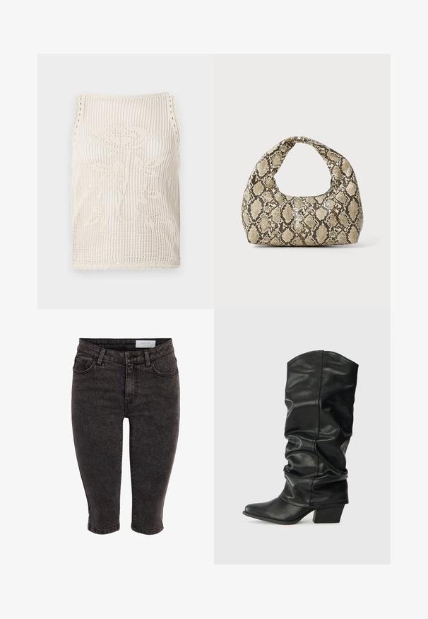 Beige adīts bezpiedurkņu krekls ar atvērtu austījumu. Ir viļņotas malas, ziedu raksts adīts audumā un bez piedurknēm.; Melnas denima ceļa garuma šorti ar klasisko piecu kabatu stilu, rāvējslēdzēja aizdari un pogu aizdares. Nedaudz izbalējusi tekstūra, pieguļoša forma.; Melnas ādas ceļgala augstās zābaki ar izstieptu dizainu, smailu purngalu un masīlu papēdi, ar gludu faktūru un minimālām šuvēm.; Čūsku raksta soma ar izliekto rokturi. Izgatavota no teksturētiem, bēšiem un brūniem materiāliem, ar izteiksmīgu dimanta rakstu.