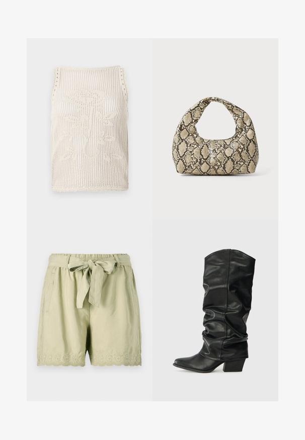 Beige adīts bezpiedurkņu krekls ar atvērtu austījumu. Ir viļņotas malas, ziedu raksts adīts audumā un bez piedurknēm.; Gaiši zaļas īsās bikses, izgatavotas no mīksta auduma, ar elastīgu jostu, sasietu jostu, sānu kabatām un sarežģītu viļņotu izšuvumu apakšmalā.; Melnas ādas ceļgala augstās zābaki ar izstieptu dizainu, smailu purngalu un masīlu papēdi, ar gludu faktūru un minimālām šuvēm.; Čūsku raksta soma ar izliekto rokturi. Izgatavota no teksturētiem, bēšiem un brūniem materiāliem, ar izteiksmīgu dimanta rakstu.