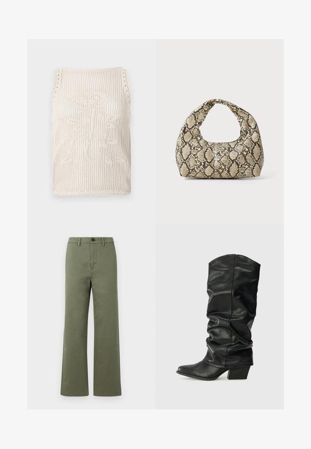 Beige Strick-Tanktops mit offenem Maschenbild. Verfügt über gewellte Kanten, ein in den Stoff eingestricktes Blumendesign und ärmellosen Schnitt.; Olivgrüne gerade geschnittene Hose mit Gürtelschlaufen, Knopfverschluss und Vorderreißverschluss auf reinweißer Hintergrund.; Schwarze Lederstiefel bis zum Knie mit einem rüschigen Design, spitzem Zehenbereich und breitem Absatz, mit glatter Texture und minimaler Naht.; Schlangenmuster-Tasche mit einem gebogenen Griff. Hergestellt aus strukturierten, beige- und braunfarbenen Materialien, die ein markantes Diamantmuster aufweisen.