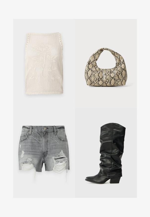 Top de punto en color beige con diseño de tejido abierto. Presenta bordes en forma de concha, un patrón floral tejido en la tela y es sin mangas.; Shorts de mezclilla gris con dobladillos deshilachados y múltiples áreas desgastadas, con cierre de botón y dos bolsillos frontales.; Botas de cuero negro hasta la rodilla con un diseño arrugado, punta afilada y un tacón grueso, con una textura suave y una costura mínima.; Bolso de mano con estampado de serpiente y asa curvada. Hecho de materiales texturizados en tonos beige y marrón, con un patrónen diamante distintivo.