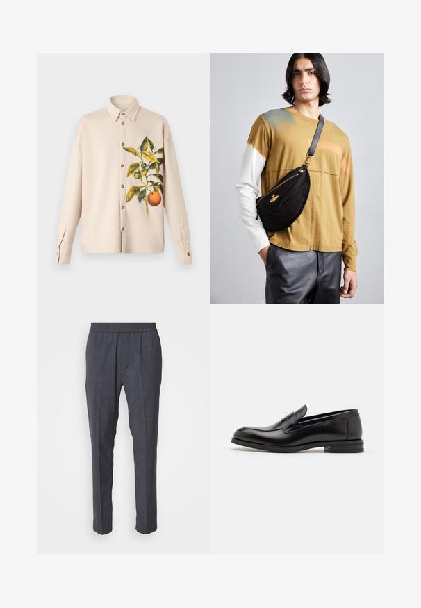 Chemise beige à manches longues avec un boutonnage à l'avant et un motif d'orange et de feuilles sur le côté gauche. Tissu lisse avec un col structuré.; Iceberg PANTALONE - Pantalon classique - piombo; Mocassins en cuir noir avec une texture lisse, bout rond et une sangle décorative sur le dessus. Talon bas empilé, design minimaliste.; Vivienne Westwood CITY BUMBAG UNISEX - Sac banane - black