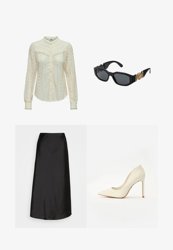 Bluză din dantelă în alb murdar cu modele intricate, mâneci lungi, deschidere cu nasturi și guler chinezesc. Detalii delicate la manșete.; Fustă midi din satin negru, cu o textură fină, formă A-line și un luciu subtil. Are un design elegant, simplu, fără embellishments.; Pantofi cu toc înalt albaștri, cu vârful ascuțit, textură din piele netedă și toc subțire în stil stiletto. Design minimalist cu accente subtile.; Ochelari de soare negri cu un cadru geometric gros, lentile închise la culoare și accente metalice aurii pe tâmplă, având un detaliu emblematic rotund.; Geantă din piele albă cu accesorii aurii, cu un clapetă frontală și margini negre, având o curea din lanț purtată peste umăr, în contrast cu o cămașă de culoare albastru deschis.