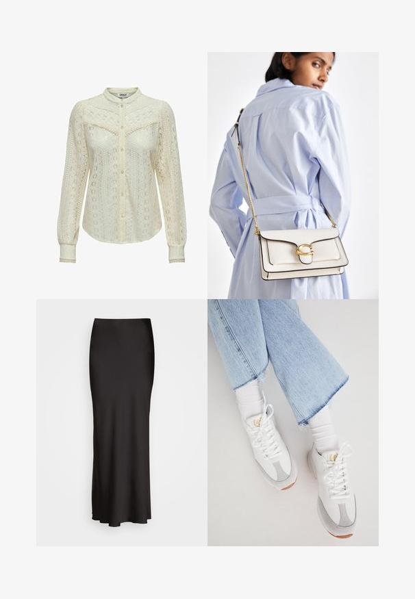 Blusa in pizzo color avorio con intricate fantasie, maniche lunghe, chiusura frontale con bottoni e colletto alla cinese. Rifiniture delicate ai polsini.; Gonna in satin nera, lunga fino al pavimento, con una texture liscia, vita aderente e silhouette a forma di A, priva di decorazioni visibili o fantasie.; Sneaker bianco con accenti grigi, realizzato in pelle e suede. Presenta una finitura texture, lacci e una suola in gomma. Indossato con jeans corti blu chiaro.; Borsa a tracolla in pelle bianca con dettagli dorati, patta frontale e bordi neri, dotata di una tracolla a catena indossata a croce su una camicia azzurra chiara.