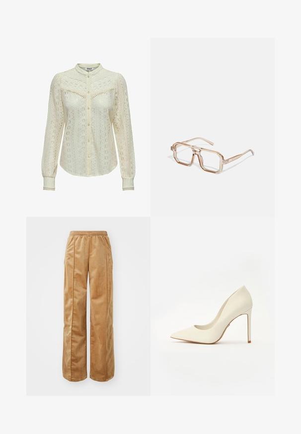 Blouse en dentelle blanc cassé avec des motifs complexes, manches longues, fermeture à boutons sur le devant et col mandarin. Finitions délicates aux poignets.; Pantalon large de couleur beige en matériau doux et velouté. Doté d'une taille élastique et de coutures verticales à l'avant pour plus de détails.; Escarpin blanc à talon haut avec un bout pointu, une texture en cuir lisse et un talon aiguille fin. Design minimaliste avec des accents subtils.; Lunettes hexagonales transparentes avec des teintes marron clair ; monture épaisse et claire avec des branches fines ; aucune logo ou motif visible.; Sac en cuir blanc avec quincaillerie dorée, un rabat à l'avant et des bords noirs, doté d'une chaîne portée en bandoulière contre une chemise bleu clair.
