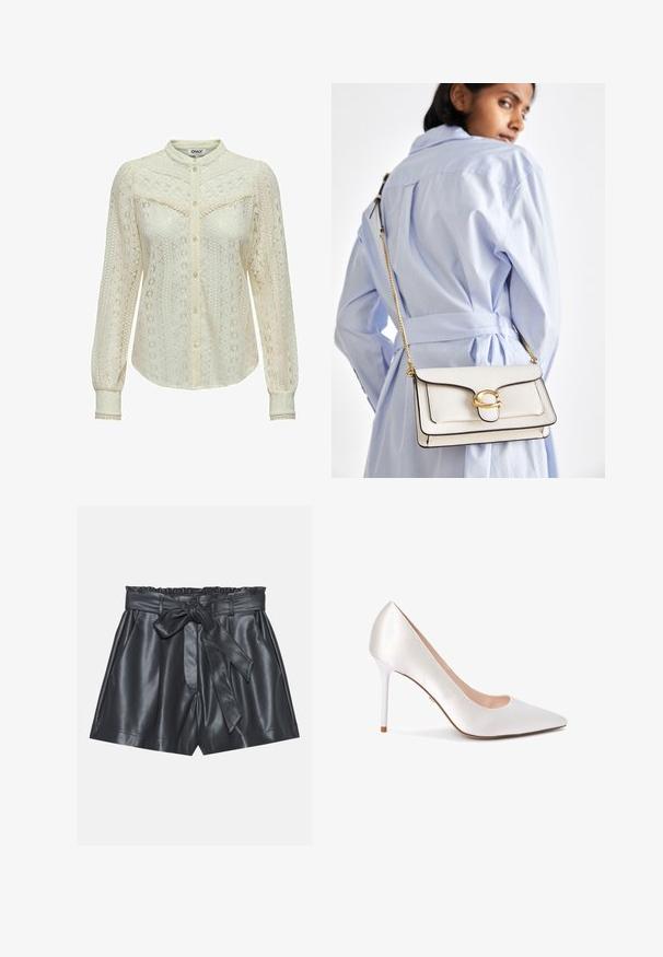 Bluse i blondestof i off-white med indviklede mønstre, lange ærmer, knaplukning foran og mandarin krave. Fint trim ved manchetterne.; Sorte lædershorts med høj talje, elastisk bånd, aftageligt bælte og en glat tekstur. Har flad front og sidelommer.; Spidse hæle i satin materiale i hvid, med en slank silhuet og en blank hvid stiletthæl.; Hvid læder håndtaske med guldfarvede detaljer, en frontlås og sort kant, forsynet med en kædedyse, der bæres crossbody over en lyseblå skjorte.