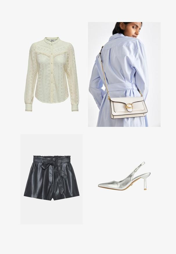 Čipkasta bluzica v oker-bež barvi z zapletenimi motivi, dolgimi rokavi, sprednjim zapenjanjem na gumbe in mandarin ovratnikom. Nežna obrobka na manšetah.; Črne usnjene hlače s kratkimi nogavicami in visokim pasom, elastičnim trakom, odstranljivim pasom in gladko teksturo. Imajo raven sprednji del in stranske žepe.; Lipsy Klasične pete - silver; Bela usnjena torbica z zlatim dodatki, sprednjim poklopcem in črnimi robovi, ki ima verižni trak nošen čez telo proti svetlo modri srajci.
