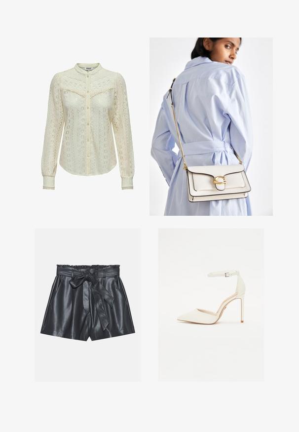 Blusa in pizzo color avorio con intricate fantasie, maniche lunghe, chiusura frontale con bottoni e colletto alla cinese. Rifiniture delicate ai polsini.; Pantaloni corti neri in pelle con vita alta, elastico, cintura rimovibile e texture liscia. Presentano una parte anteriore piatta e tasche laterali.; Scarpa alta in pelle bianca con punta affusolata e sottile cinturino alla caviglia. Presenta un tacco a stiletto e un design minimalista.; Borsa a tracolla in pelle bianca con dettagli dorati, patta frontale e bordi neri, dotata di una tracolla a catena indossata a croce su una camicia azzurra chiara.