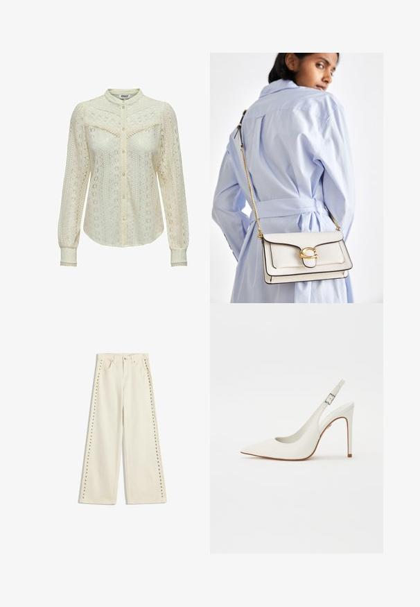 Blusa in pizzo color avorio con intricate fantasie, maniche lunghe, chiusura frontale con bottoni e colletto alla cinese. Rifiniture delicate ai polsini.; Jeans a gamba larga color crema chiaro con accenti in metallo lungo le cuciture esterne, cinque tasche e chiusura a bottone standard.; Décolleté slingback bianco a punta, realizzato in morbida pelle, con tacco alto e sottile e cinturino regolabile. Design con schiena aperta.; Borsa a tracolla in pelle bianca con dettagli dorati, patta frontale e bordi neri, dotata di una tracolla a catena indossata a croce su una camicia azzurra chiara.