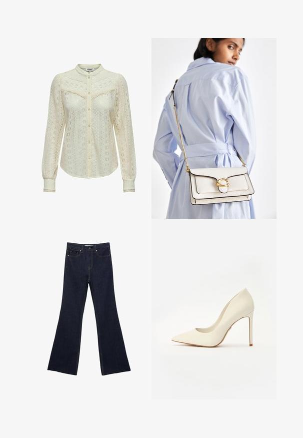 Čipkasta bluzica v oker-bež barvi z zapletenimi motivi, dolgimi rokavi, sprednjim zapenjanjem na gumbe in mandarin ovratnikom. Nežna obrobka na manšetah.; Temno modri flare kavbojki z običajno petimi žepi in vidnimi šivi. Tkanina ima gladko teksturo z minimalnim bledenjem.; Bele visoke pete s koničastim prstom, gladke usnjene teksture in vitkim stiletto petam. Minimalističen dizajn z diskretnimi poudarki.; Bela usnjena torbica z zlatim dodatki, sprednjim poklopcem in črnimi robovi, ki ima verižni trak nošen čez telo proti svetlo modri srajci.