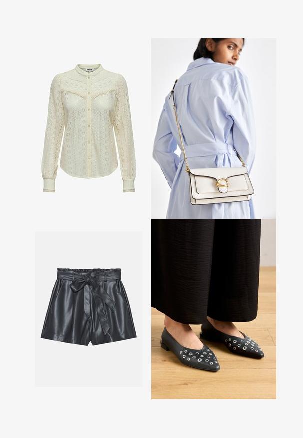 Spitzenbluse in Off-White mit aufwendigen Mustern, langen Ärmeln, einer Knopfleiste und einem Stehkragen. Zarte Verzierung an den Manschetten.; Schwarze Lederbermudas mit hoher Taille, elastischem Bund, abnehmbarem Bindegürtel und glatter Textur. Mit flacher Vorderseite und seitlichen Taschen.; Schwarze Lederballerinas mit spitzem Zehenbereich, die mit Metallösen in verschiedenen Größen verziert sind, sowie einem niedrigen, quadratischen Absatz. Glatte Textur auf Holzboden.; Weiße Lederhandtasche mit goldenen Beschlägen, einer Klappe an der Vorderseite und schwarzem Rand, ausgestattet mit einer Kettenriemen, der quer über den Körper getragen wird, kombiniert mit einem hellblauen Hemd.; Silberne Creolen mit polierter Oberfläche, die kleine goldene Akzentdetails und eine runde Form aufweisen, am Ohrläppchen getragen.