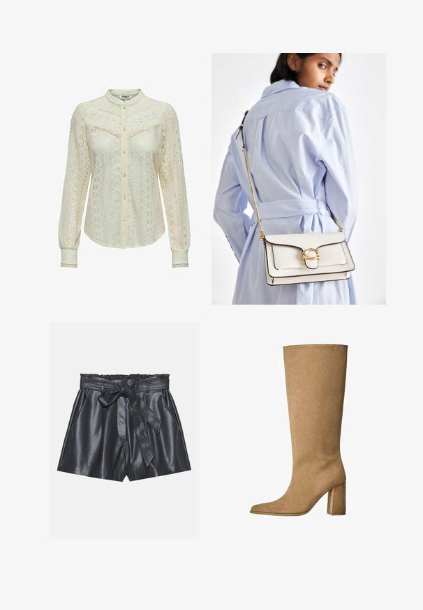 Bluză din dantelă în alb murdar cu modele intricate, mâneci lungi, deschidere cu nasturi și guler chinezesc. Detalii delicate la manșete.; Shorts negri din piele cu talie înaltă, bandă elastică, curea detașabilă și textură netedă. Prezintă un front plat și buzunare laterale.; Botă din suede bej, cu înălțime până la genunchi și toc bloc, având vârful ascuțit și o textură netedă. Design minimalista, fără embellishement.; Geantă din piele albă cu accesorii aurii, cu un clapetă frontală și margini negre, având o curea din lanț purtată peste umăr, în contrast cu o cămașă de culoare albastru deschis.