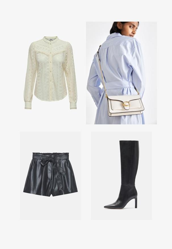 Blusa de encaje en blanco roto con patrones intrincados, mangas largas, cierre de botones en la parte delantera y cuello mao. Detalles delicados en los puños.; Pantalones cortos de piel negra con cintura alta, banda elástica, cinturón de lazo removible y textura suave. Presenta un frente plano y bolsillos laterales.; Botas de tacón stiletto de cuero negro hasta la rodilla, con punta afilada y textura suave, que presentan un diseño elegante y un detalle de costura mínimo.; Bolso de cuero blanco con herrajes dorados, una solapa en la parte frontal y borde negro, con una cadena que se lleva cruzado sobre una camisa de color azul claro.