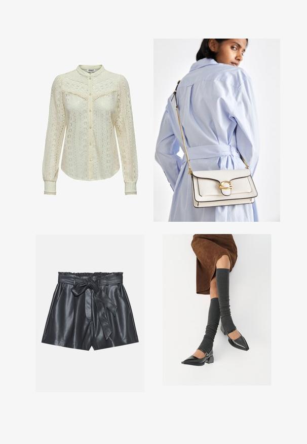 Koe valge pitspluus keerukate mustritega, pikkade varrukatega, nööpidega esiotsa ning mandariinikaelusega. Peen ääristus varrukatel.; Mustad nahkšortsid kõrge vöökoht, elastne pael, eemaldatav vöö ja sile tekstuur. Sisaldab lamedat esiosa ja küljetaskuid.; Mustad patsaline odav värviga kingad, millel on kreen ja pahkluuring, on paaritatud hallide ribakudumitega sääremiidega ja pruunist nahast seelikuga.; Valge nahast kott kuldse riistvaraga, esi-klapi ja musta ääristusega, millel on kettvõll, kantud üle keha helesinise särgi vastu.